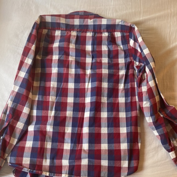 J Crew size medium burgundy, blue & white plaid longlseeve button up - Picture 4 of 4